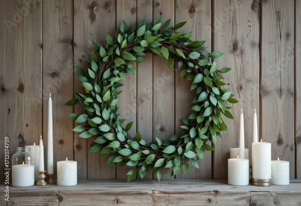 Fototapeta Green wreath and lit white candles on rustic wooden background for cozy decor.