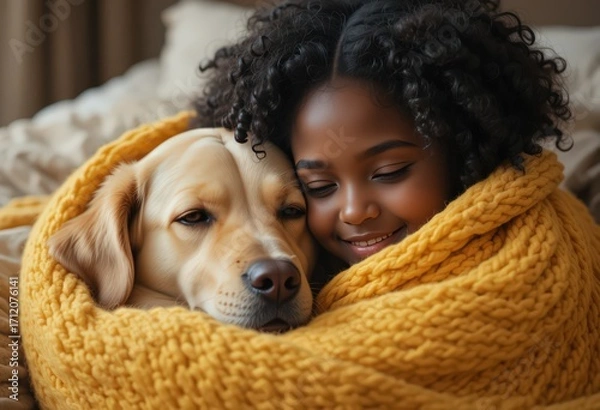 Fototapeta Child and Labrador dog cuddling in cozy yellow blanket on bed indoors.