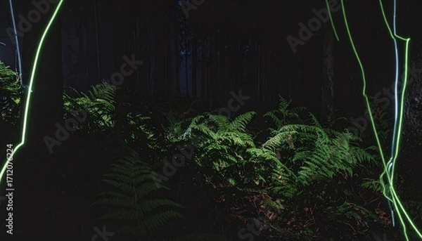 Obraz Lush Ferns Bathed in Mysterious Light A Dark Forest Floor Illuminated by Abstract Neon Streaks and Ethereal Glow