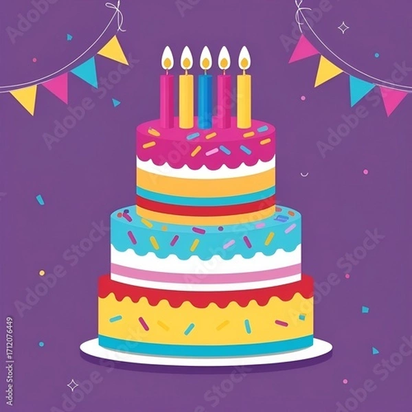 Fototapeta Colorful birthday cake illustration in vector style, layered cake with candles and sprinkles, purple background for a festive and modern look, clean and symmetrical design, bright celebration theme