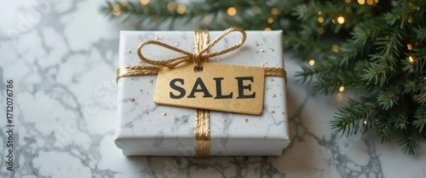 Fototapeta Elegant gift box with SALE tag on marble background and festive tree lights.