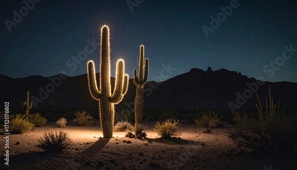Obraz Desert Night Illuminated Saguaro Cacti Under the Stars