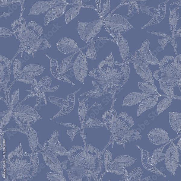 Fototapeta Seamless decorative pattern. elegant hummingbirds and hand-drawn floral line art. fabric prints, wallpapers, wrapping paper, stationery, and modern surface design.