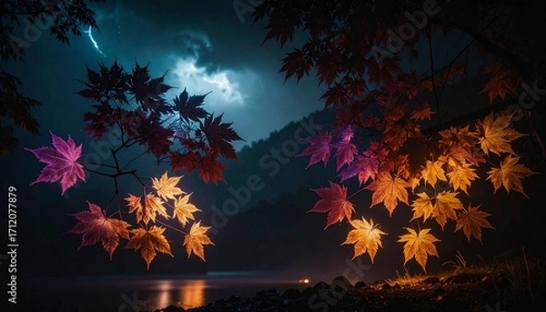 Obraz Autumnal Hues A Tranquil Forest Scene Under a Dramatic Night Sky With Colorful Leaves
