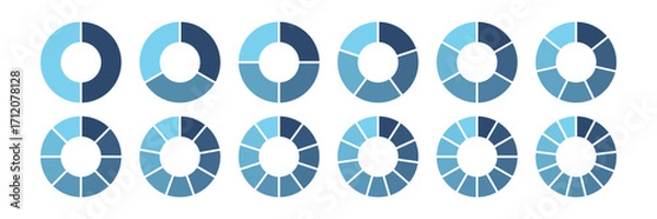 Fototapeta Infographic ring diagram. Doughnut Chart with segments from 2 to 13 segment. Donut graph segmented. Modern Blue gradient pie chart collection. Wheel divided template set