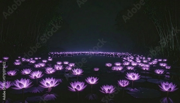 Obraz Serene Purple Lotus Blooms Adorn a Tranquil Pond at Night, Creating a Magical Ambiance