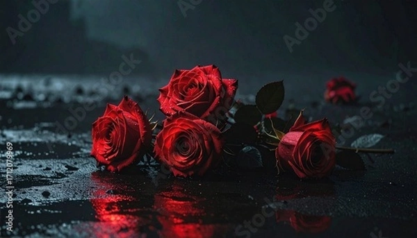 Obraz A captivating arrangement of deep red roses scattered on a wet, dark surface, with subtle red reflections illuminating the scene