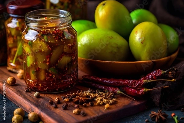 Fototapeta Traditional Indian Mango Pickle in Glass Jar Surrounded by Whole Spices and Raw Mangoes