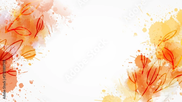 Fototapeta Orange delicate watercolor background with floral elements. Template for horizontal banner