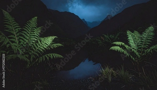 Obraz Mystical Night Ferns Reflecting in a Dark Lake under Mountains