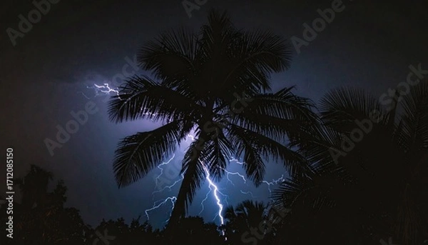 Obraz A dazzling streak of lightning illuminates the dark night sky, dramatically silhouetting a lone palm tree during a powerful and intense tropical storm