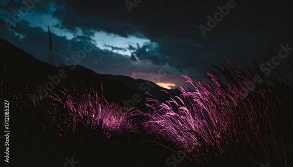 Obraz Mystical twilight landscape with vibrant purple-pink grass shimmering against a dark, stormy sky at dusk, evoking an ethereal and dreamlike natural scene