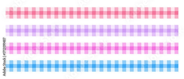 Fototapeta Gingham pattern border. Seamless plaid ribbon for cute baby banner with pink and blue scrapbook texture. Vintage vichy tape. Loincloth flannel birthday invitation illustration. Lilac tartan vector.