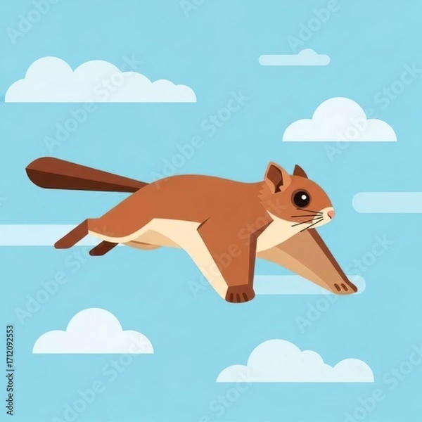 Fototapeta Flying squirrel gliding through the blue sky with white clouds