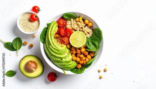 Fototapeta Healthy Plant-Based Salad Bowl with Avocado, Quinoa, and Spinach Isolated on White Background