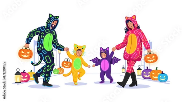 Fototapeta Family Halloween Fun: A joyful family dressed in colorful Halloween costumes happily celebrate in a festive scene with pumpkins and lanterns in a vector illustration.
