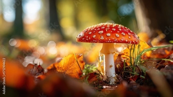 Fototapeta Amanita Muscaria Mushroom in Autumn Forest with Fallen Leaves, Macro Shot, Nature Photography