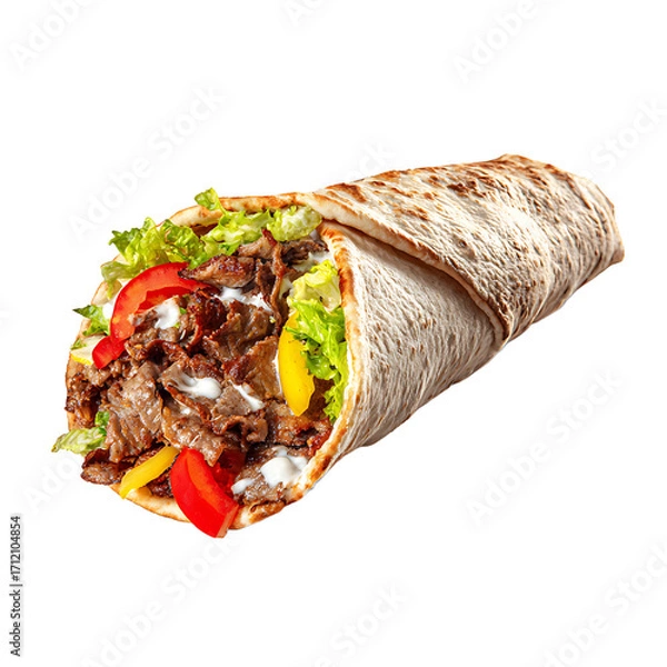 Fototapeta Close - up of a delicious wrap filled with meat lettuce peppers and sauce a tasty handheld meal perfect for a quick and satisfying lunch