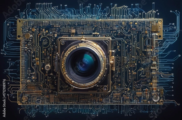Fototapeta Cybernetic Camera Lens on Circuit Board. Generative AI.