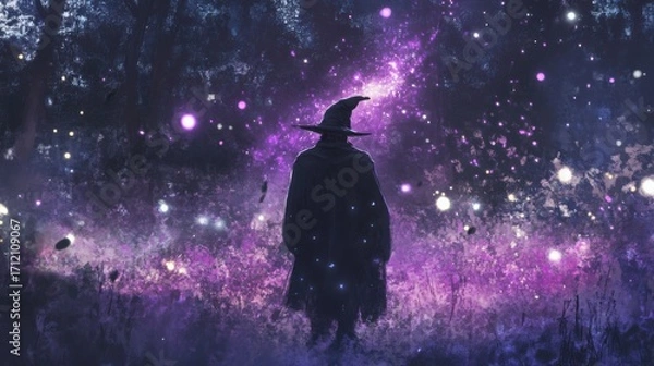 Fototapeta Mysterious Enchanter in Cosmic Forest of Stars and Magic Light