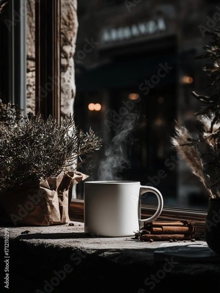 Obraz Steaming coffee mug on windowsill | Warm rustic morning scene with cinnamon sticks and herbs | Cozy autumn aesthetic | Beverage branding mockup