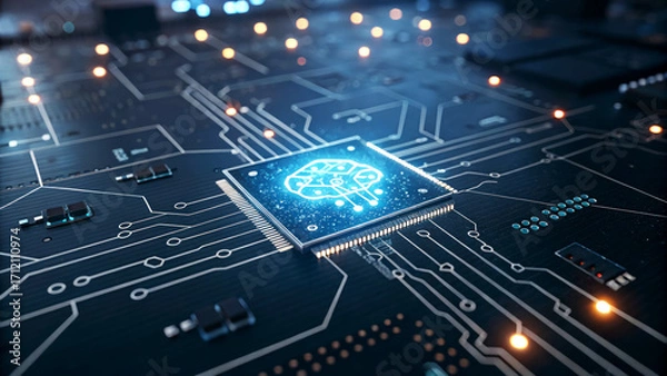 Fototapeta Innovative AI-Driven Agentic Technology Digital Circuit Board High-Tech Visualization Futuristic Environment Close-Up Perspective Advancements in AI Integration