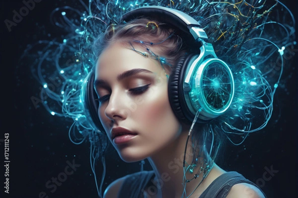 Fototapeta Neural Harmony, Futuristic Girl with Cybernetic Headphones. Generative AI.