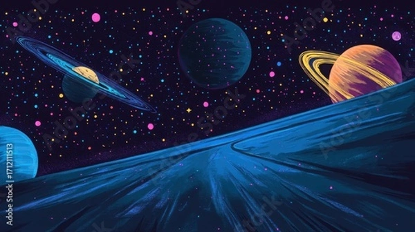 Fototapeta Celestial Landscape with Colorful Planets and Starry Background