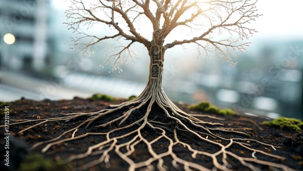 Fototapeta Driven by AI Exploring the Agentic Nature of Urban Trees and Their Roots in a Modern Environment Captured in a Close-Up View for Environmental Impact Awareness
