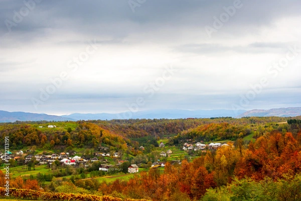 Obraz autumn landscape in mountains with village in the valley. overcast morning sky over carpathian countryside in fall season. beautiful location with colorful forest