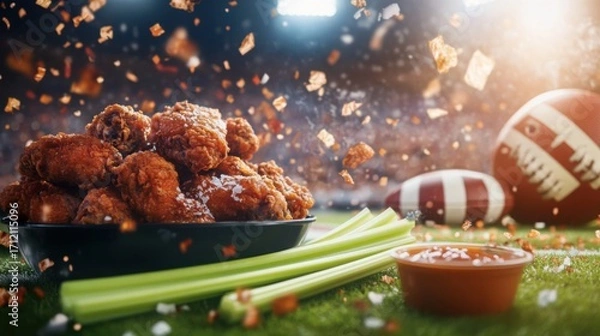 Fototapeta Delicious Spicy Chicken Wings with Celery Sticks and Sauce