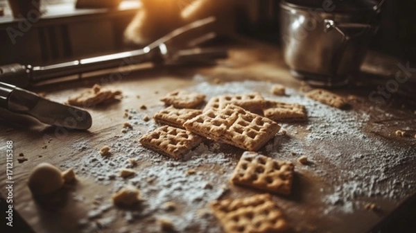 Fototapeta Messy Kitchen Table with Broken Cookies and Baking Tools on Surface