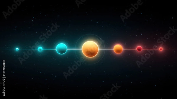 Fototapeta Vibrant visualization of celestial bodies representing cosmic alignment, showcasing planets in various colors against dark starry background