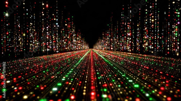 Fototapeta Flowing matrix of multiverse data creates mesmerizing visual experience with vibrant lights in red, green, and gold hues, evoking wonder