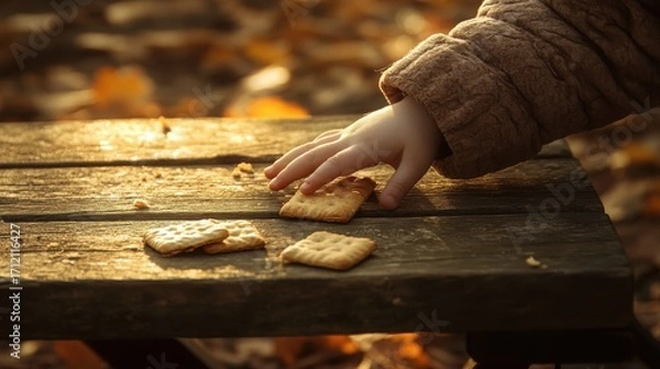 Fototapeta Child Reaches for Crackers on Rustic Table Surrounded by Autumn Leaves