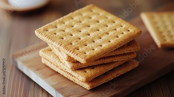 Fototapeta Stack of Crisp and Golden-Brown Crackers on Wooden Cutting Board