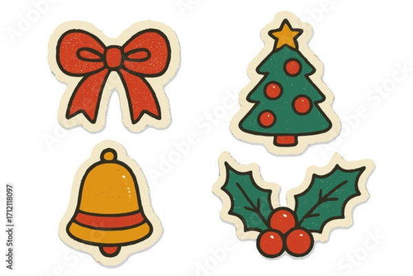 Fototapeta Christmas sticker set in retro torn paper style. Vector collection of vintage holiday icons: bow, tree, bell, holly. Naive halftone collage illustration for festive design.