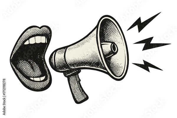 Fototapeta Retro pop art mouth screaming into loudspeaker. Vintage megaphone in halftone dotted style. Vector illustration for protest, communication, announcement, propaganda, or alert.