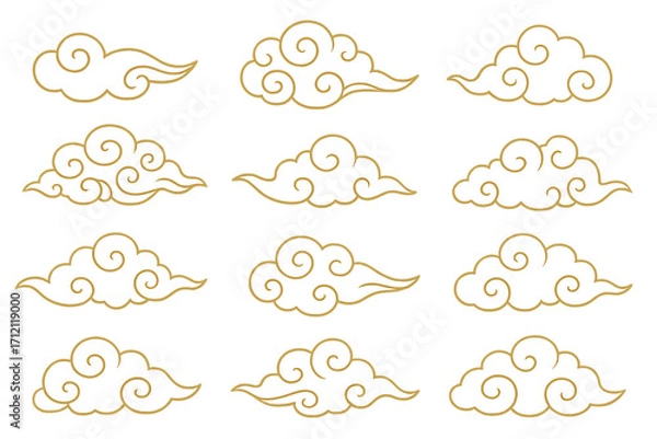 Fototapeta Set of traditional Chinese clouds in gold line art style. Asian oriental auspicious cloud pattern collection. Vector illustration for Chinese New Year, Mid Autumn Festival design.
