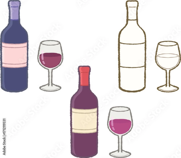 Fototapeta Wine bottle and glass illustration set