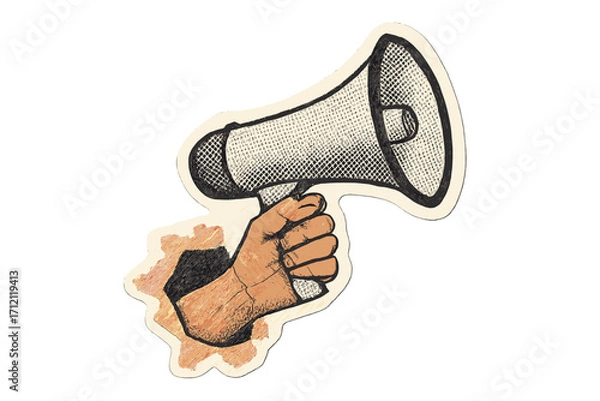 Obraz Loudspeaker in hand, vintage collage sticker concept. Metaphor for announcement, protest, news, alert. Retro halftone cutout illustration for communication, marketing, voice, ads.
