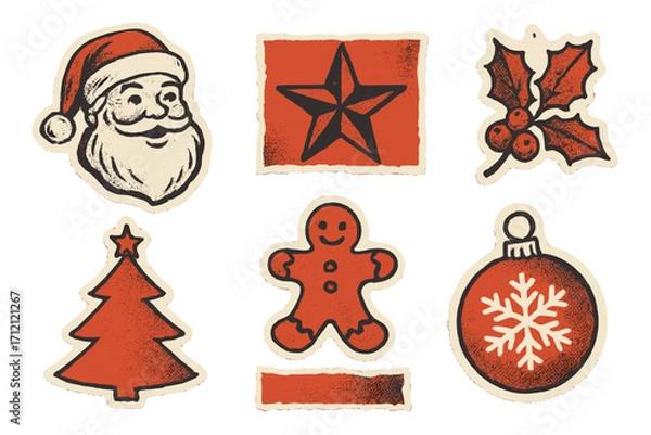 Fototapeta Retro Christmas paper stickers set with halftone photocopy effect, vintage torn zine elements for New Year greetings, festive holiday social media decorations in red tones