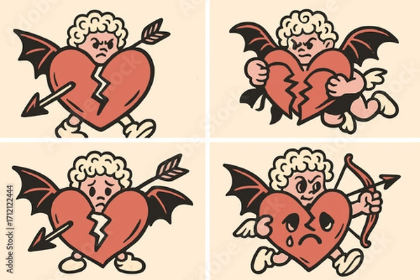 Fototapeta Trendy Y2K anti-Valentine’s Day A4 posters set with heart cupids mascots, 2000s retro cartoon characters holding broken hearts, groovy style greeting cards concept