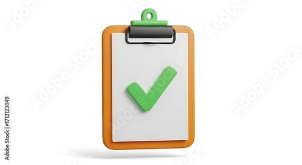 Fototapeta Orange clipboard with a green check mark icon isolated on white background 3D render.