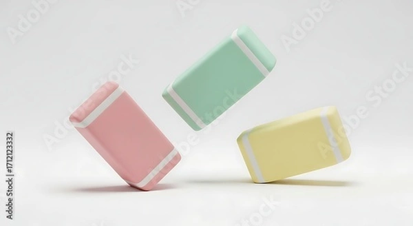 Fototapeta Three Colorful Pastel Erasers Floating on a White Background.