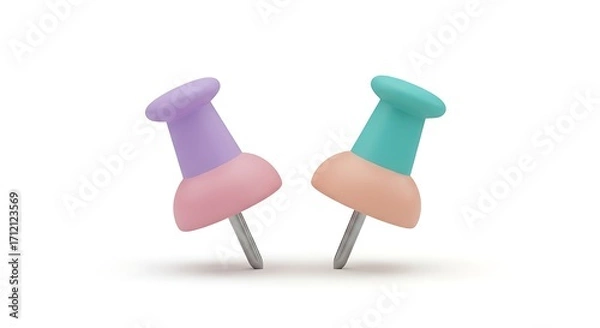 Fototapeta Two colorful 3D pushpins in pastel colors isolated on a white background.