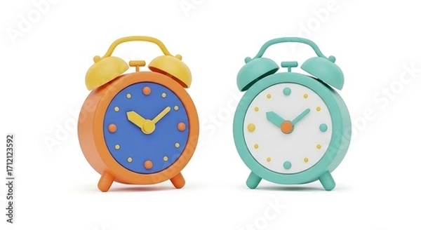 Fototapeta Two Colorful Alarm Clocks on White Background.
