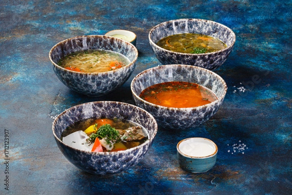 Fototapeta Different soups and sauses from different countries cousine with vegetables or meat