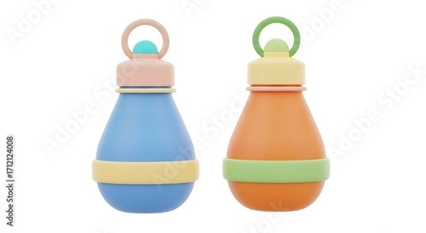 Fototapeta Two colorful water bottles with handles, perfect for hydration and outdoor activities.