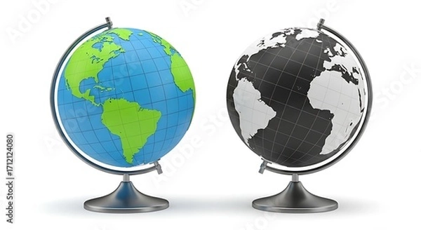 Fototapeta Two Globes Showing Earth in Color and Gray.